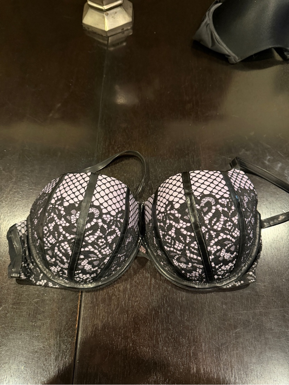 Victoria's Secret Black Lace Overlay Bra on Light Pink